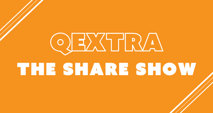 QExtra The Share Show on orange background with white diagonal stripes at the corners
